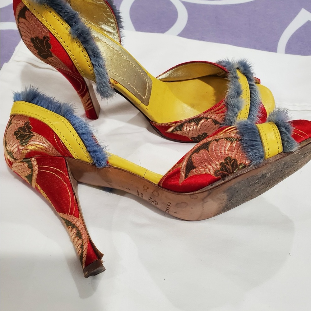 Vibrant Red and Yellow Women's Heels with Blue Accents